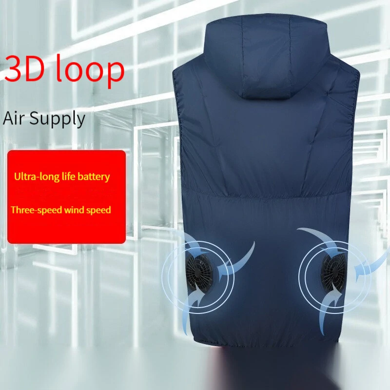 (image for) TENGOO Air Conditioning Hooded Vest Three Wind Speeds Heatproof Cooling Clothing USB Charging Sun Protection Continuous Cooling Jacket with Two Fans for Summer High Temperature Outdoor Work